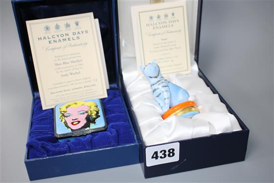Two Halcyon Days enamels novelty boxes: Shot Blue Marilyn, no.75/500, 5.5cm and Sam, no.4/250, 7.5cm, both boxed with paperwork